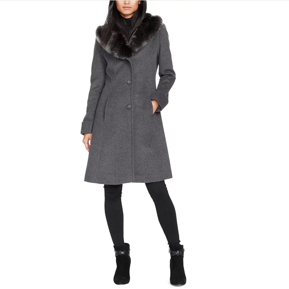 Faux Fur Trim Wool Blend Coat, Size Small